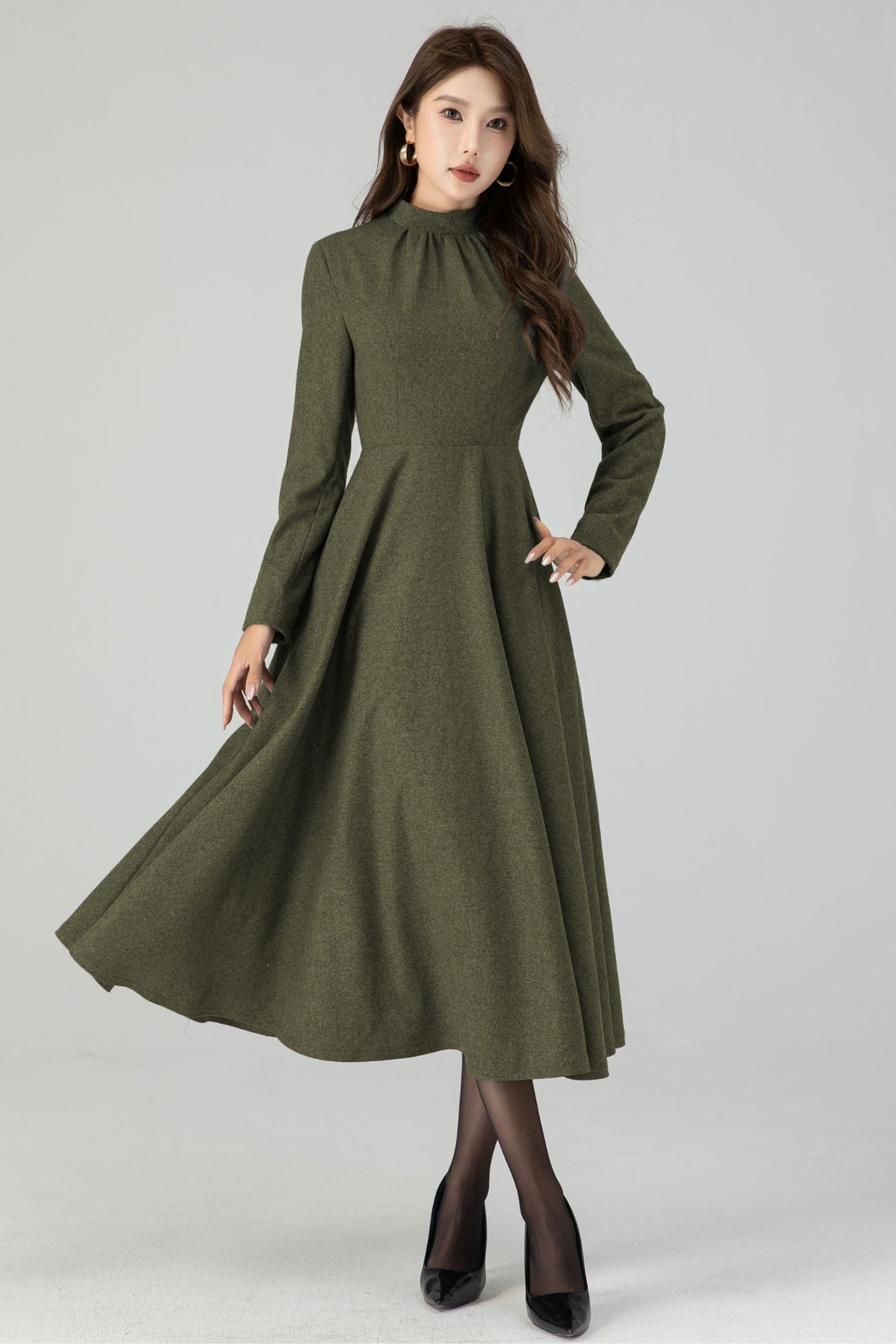 Retro army green swing wool dress 5441