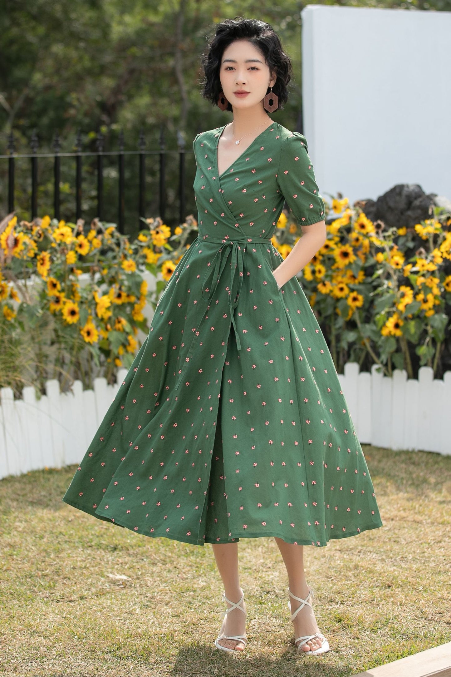 Xiaolizi Green Linen Midi Dress – Vintage Wrap Puff Sleeve Summer Dress 6689 -Size XS #CK2600175