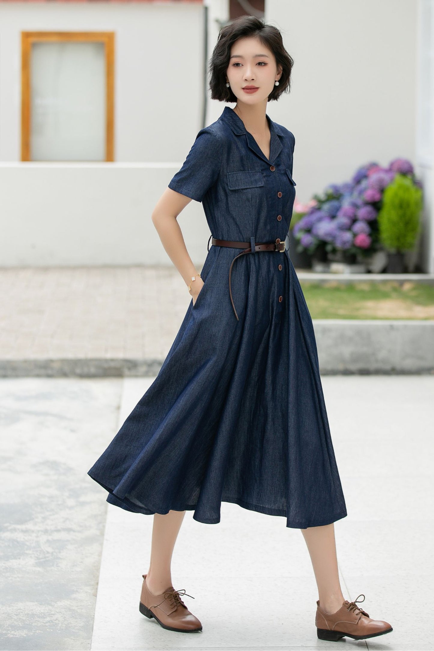 Women’s Tencel Blend Shirt Dress – Retro Button Up Midi Dress 5989