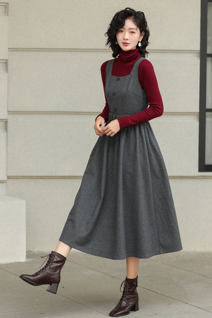 Gray Wool Midi Dress - Sleeveless Swing Silhouette with Belt 6427