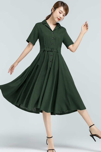 Green Linen-Cotton Midi Shirt Dress - Belted Vintage Swing 5764