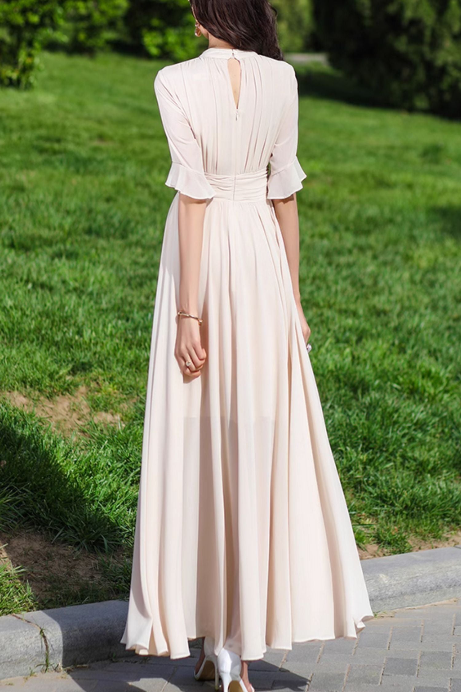 Beige Chiffon Maxi Dress - Fitted Waist Round Neck | Xiaolizi 5152 - Beige / XS Beige Chiffon Maxi Dress - Fitted Waist Round Neck | Xiaolizi 5152 - Beige / XS