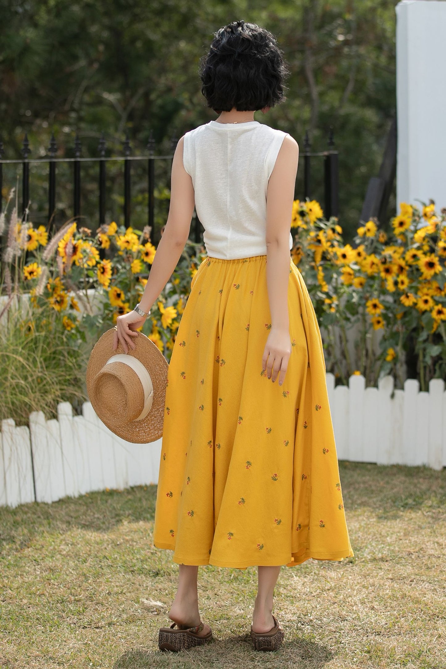 Xiaolizi Linen Wrap Midi Skirt – Mustard Yellow Floral A-Line Summer Skirt 6688
