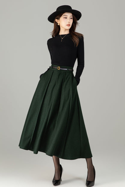 Army Green Wool Maxi Skirt - A-Line Vintage Elegance 6497