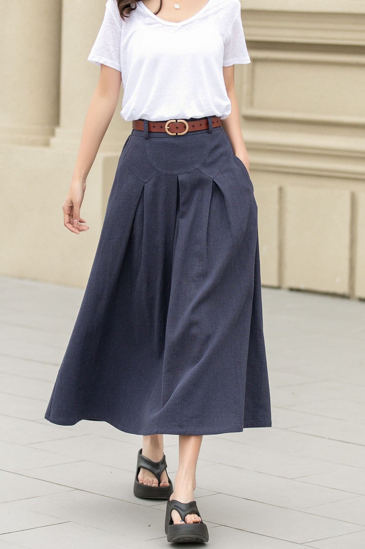 Blue long linen skirt with pockets 4943-Size S #CK2400155