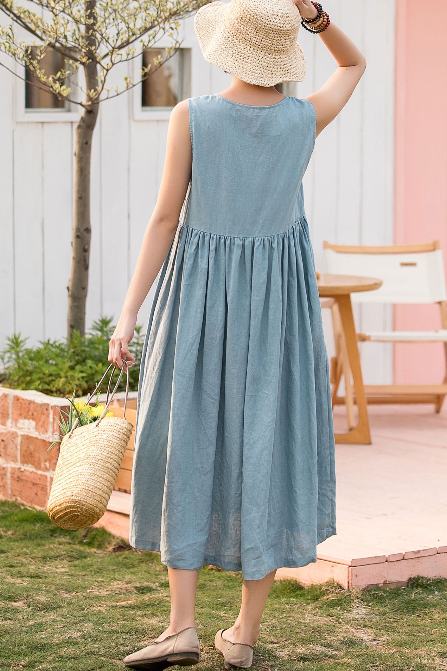 Light Blue Linen Dress - A-Line Sleeveless | Xiaolizi 2804