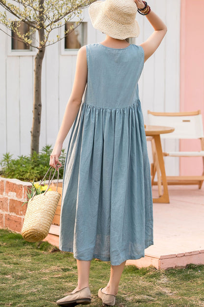 A line loose fitting light blue linen dress 2804 -Size XS #yy01678