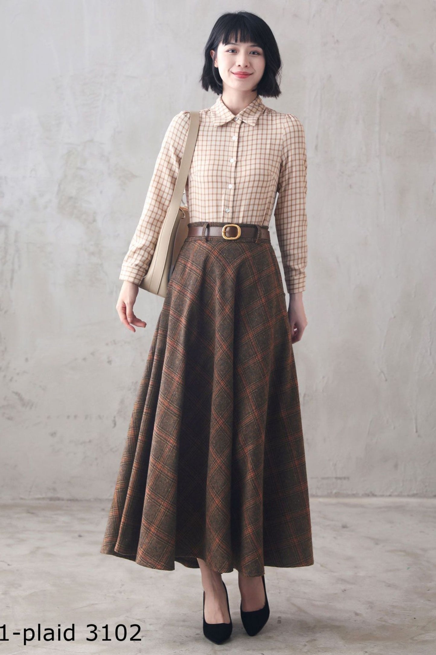 Vintage Inspired Long Plaid Wool Skirt 3102