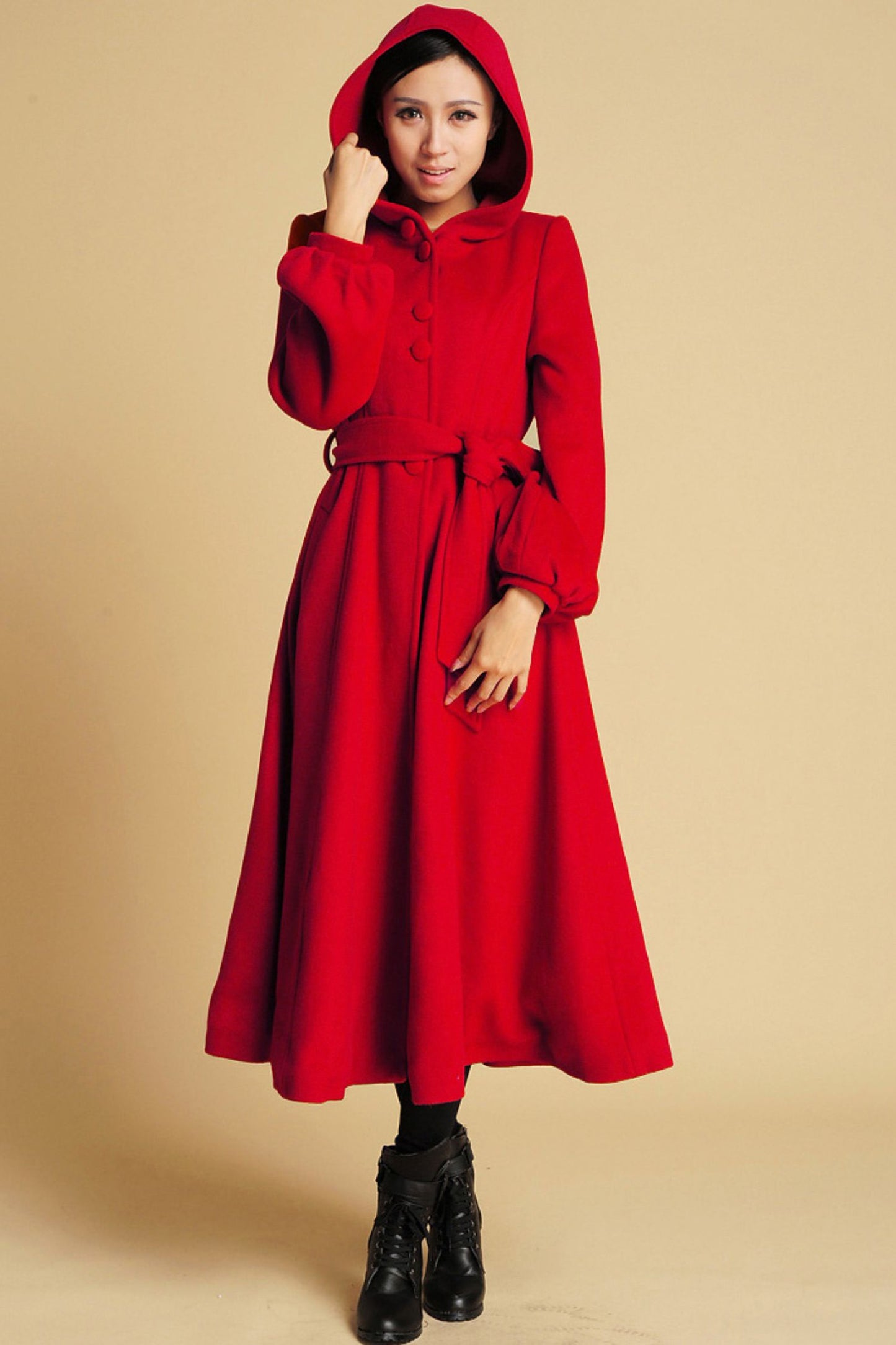 Red Wool Swing Coat with big hood 394