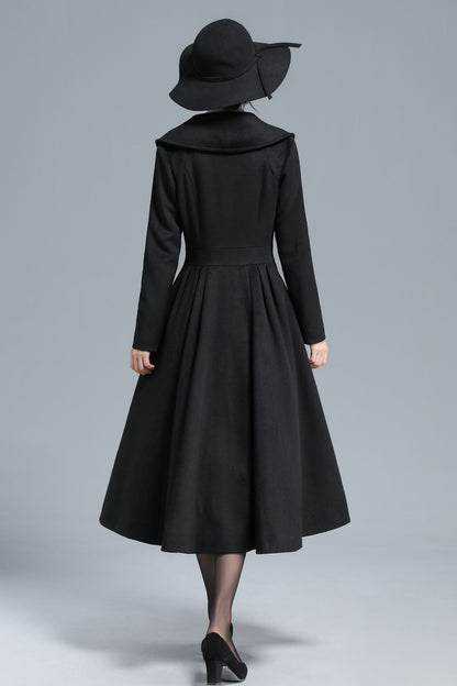 Vintage Black Wool Blend Coat – Elegant Double-Breasted Fit & Flare Maxi Coat | Xiaolizi 3130