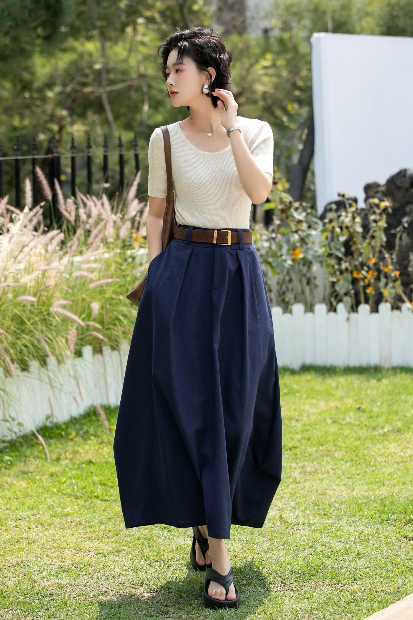 Handmade Navy Linen Cotton Asymmetrical Maxi Skirt | Xiaolizi 6740