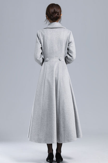 Light Gray Wool Coat – Elegant Double-Breasted Fit and Flare Winter Overcoat 3236