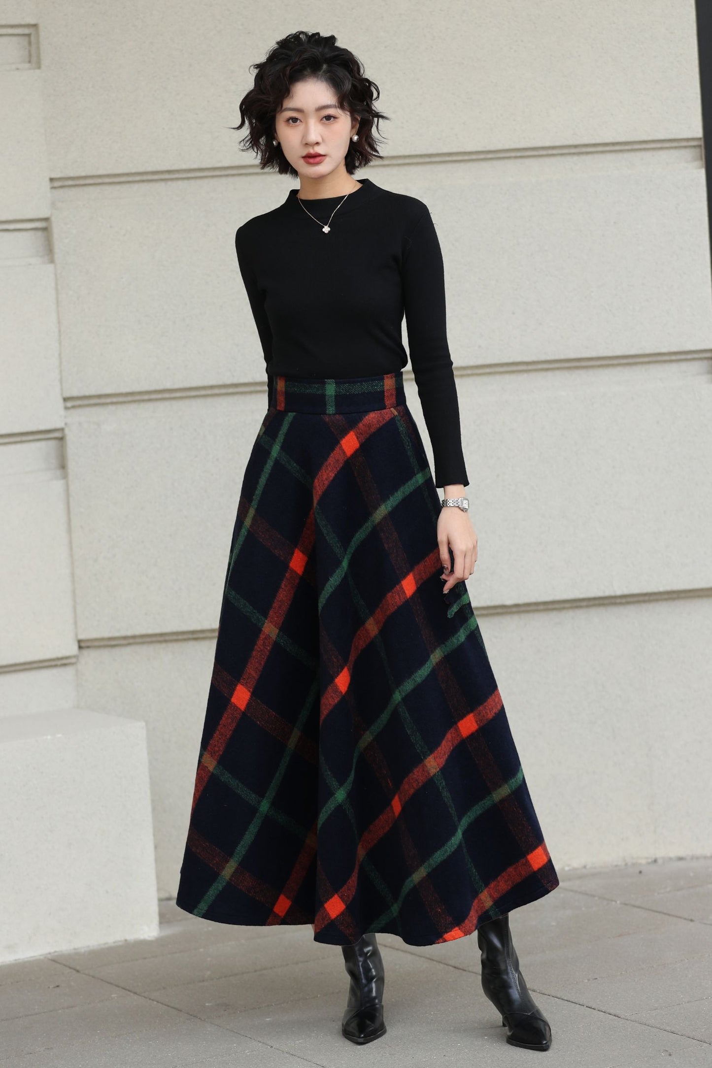 Xiaolizi Plaid Wool Maxi Skirt for Women – Handmade A-Line Winter Swing Skirt 6619