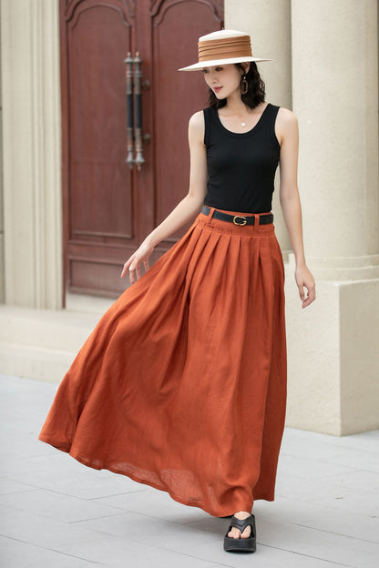 Apricot Linen Maxi Skirt - Pleated Waist, Ankle Length 5149