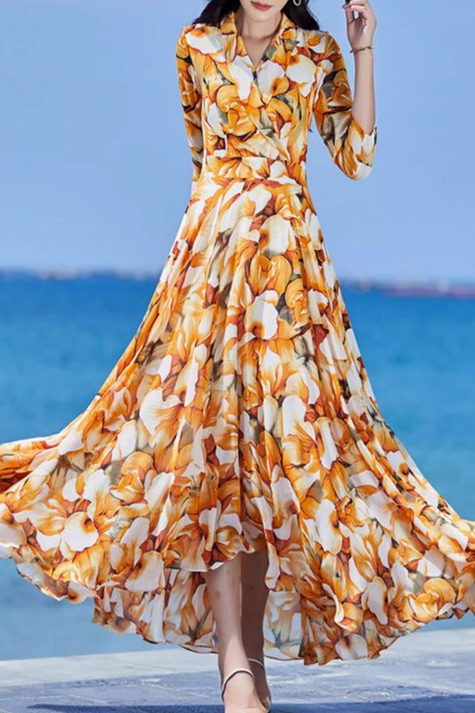 Irregular flower printed maxi bohemian chiffon dress 5074