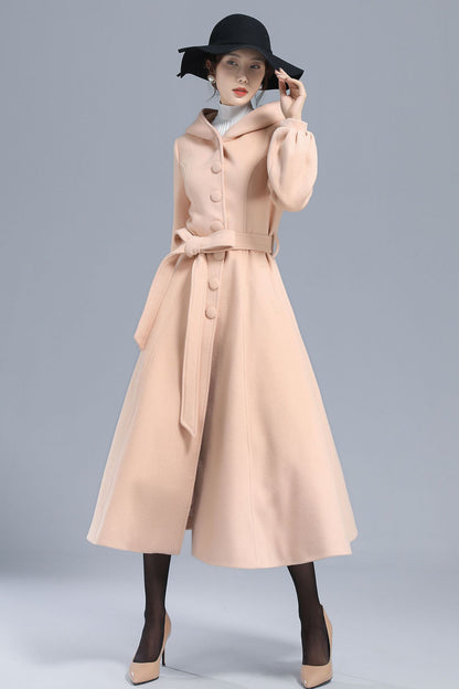 Handmade Wool Hooded Coat – Lantern Sleeve Belted Winter Long Overcoat | Xiaolizi 3210