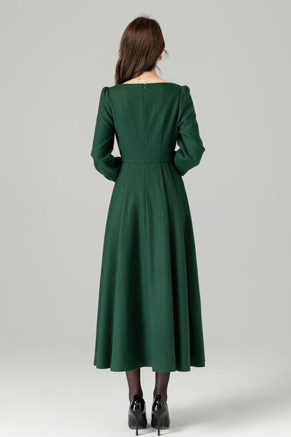Vintage Wool Midi Dress – Dark Green A-Line Silhouette – 5236