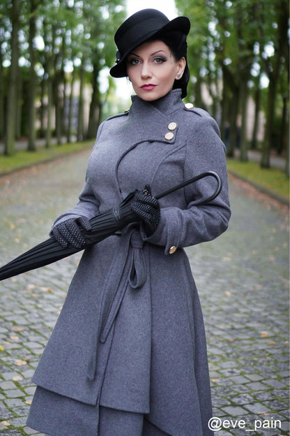 Grey Wool Coat - Tiered Hem, Self Tie Waist 2408