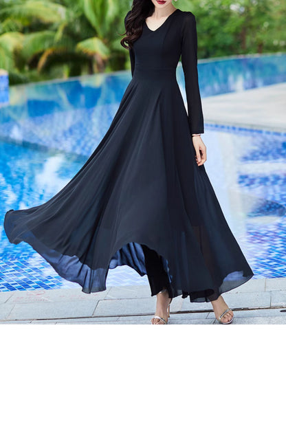 Long sleeves fit and flare maxi chiffon dress 4998