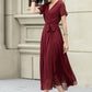 Burgundy midi fit and flare prom chiffon dress 5222