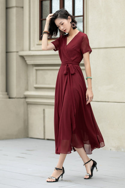 Burgundy Chiffon Midi Dress - Fit and Flare, V-Neck Wrap Style 5222