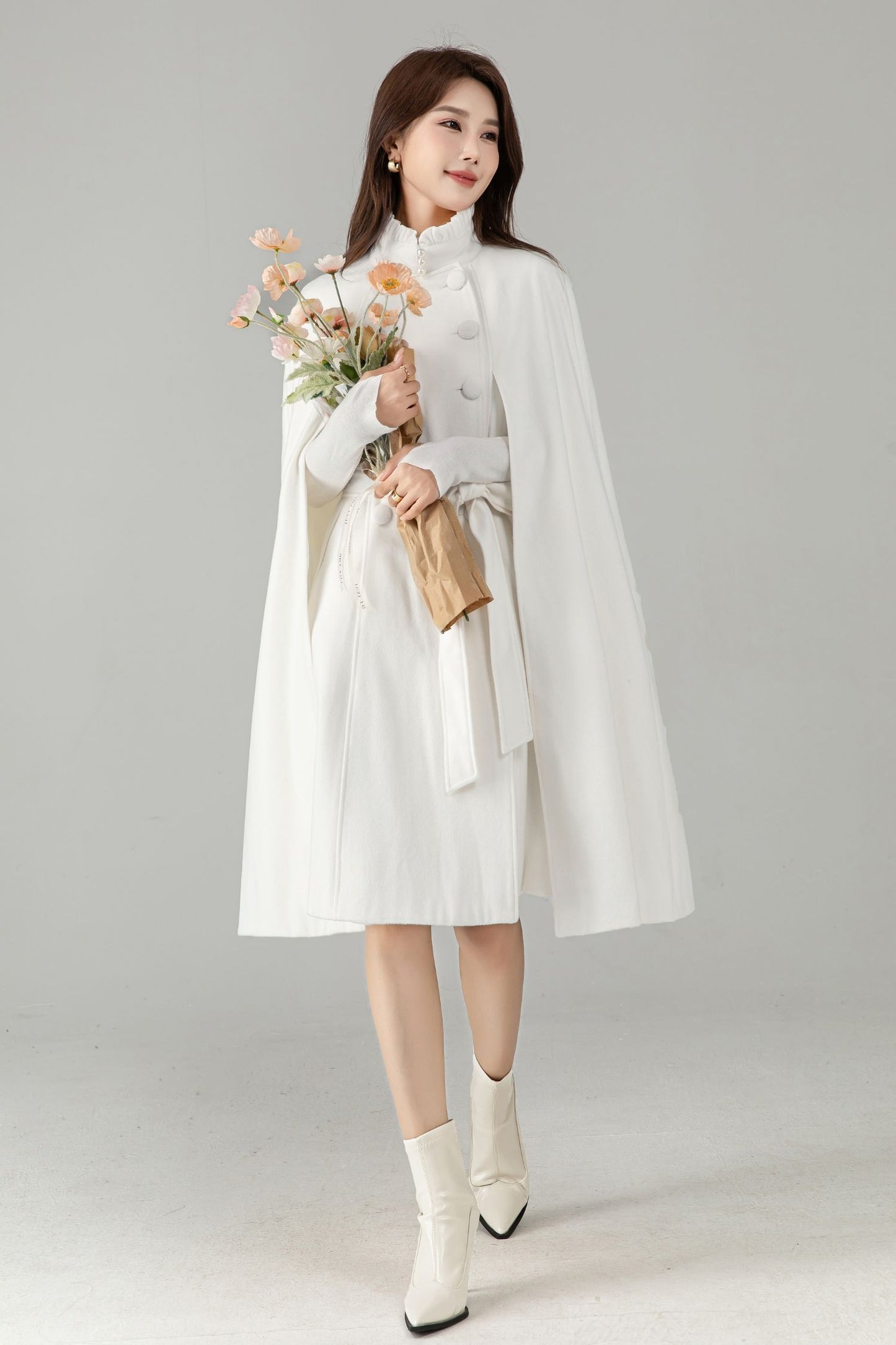 White Wool Cape Coat – Elegant Belted Winter Dress Coat | Xiaolizi 6575