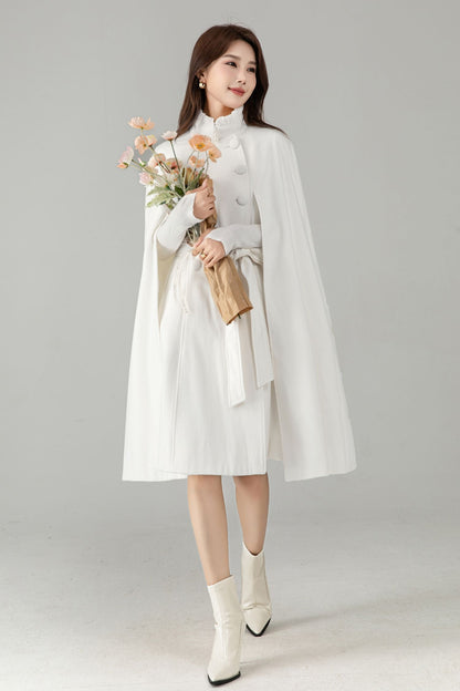 White Wool Cape Coat – Elegant Belted Winter Dress Coat | Xiaolizi 6575