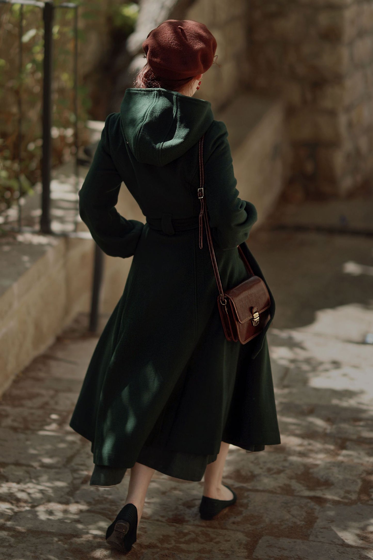 Long Dark Green Hooded Wool Coat 3870