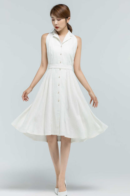 White Linen Shirt Dress - Sleeveless Fit and Flare Knee-Length 2378
