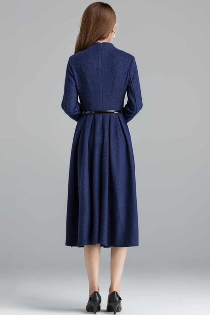 Blue Wool Midi Dress - Mandarin Collar, Pleated A-Line Silhouette 2401