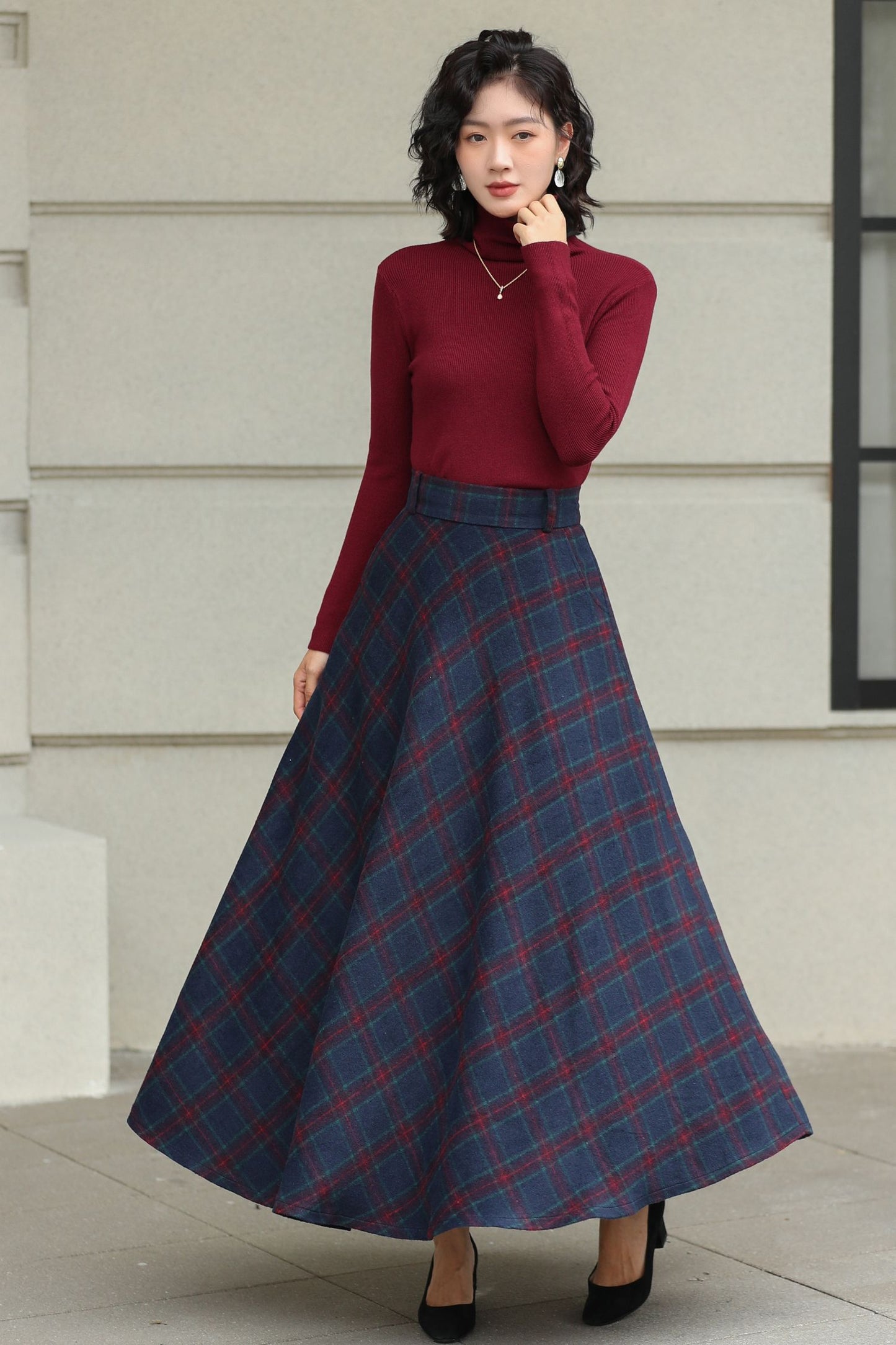 Handmade Charcoal Grey Plaid Wool Maxi Skirt – High Waist Winter Elegance | Xiaolizi 6426