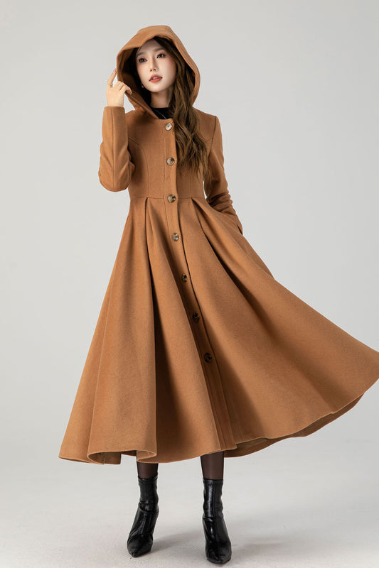 Camel Wool Hooded Coat – Vintage Fit and Flare Long Winter Overcoat 4606