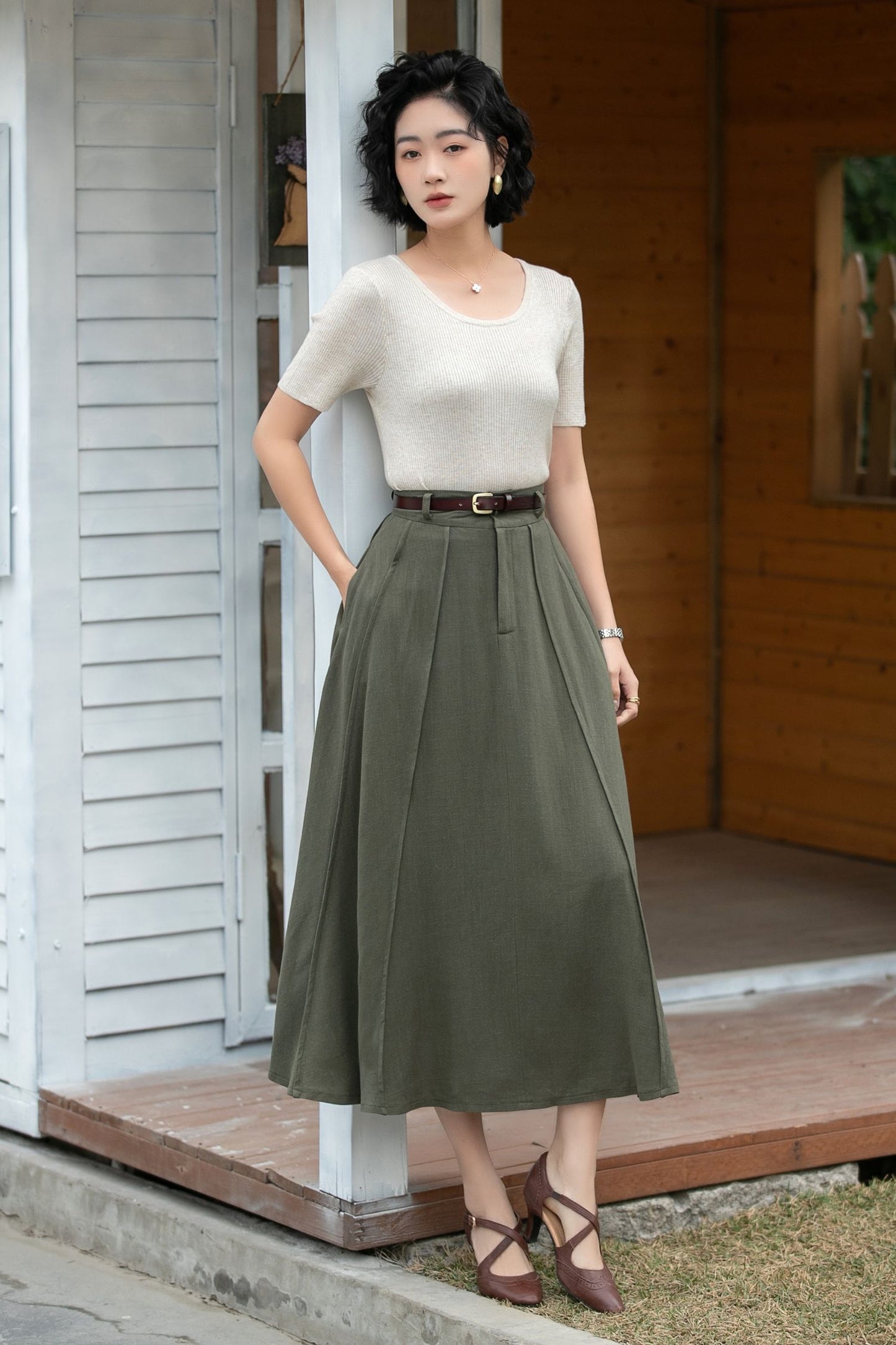 Xiaolizi Army Green Linen Midi Skirt – Vintage High Waist A-Line 6695
