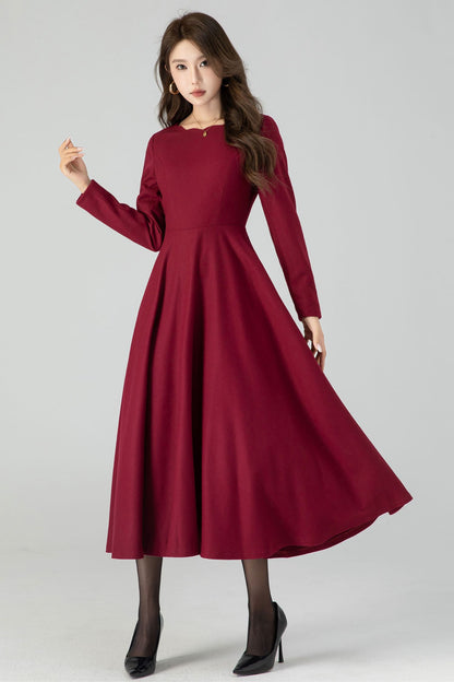 Burgundy Wool Midi Dress - Fit and Flare with Wave Neckline 4546