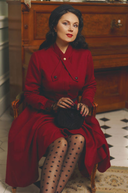 Burgundy Wool Fit & Flare Dress - A-Line Long Sleeve | Xiaolizi 4815