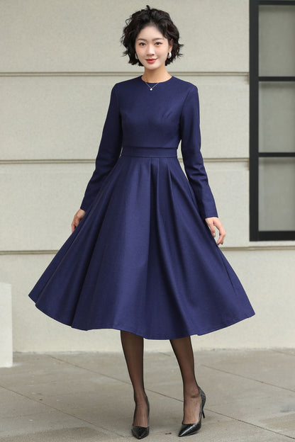 Blue Wool Midi Dress - Swing Fit & Flare Silhouette 6506