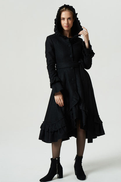 Black Wool Blend Long Coat - Ruffle Hood Belt Dipped Hem | Xiaolizi 1970
