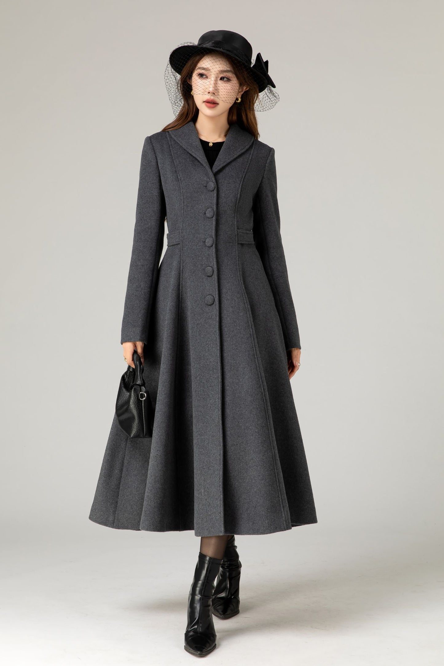 Gray winter long wool coat with pockets 5479