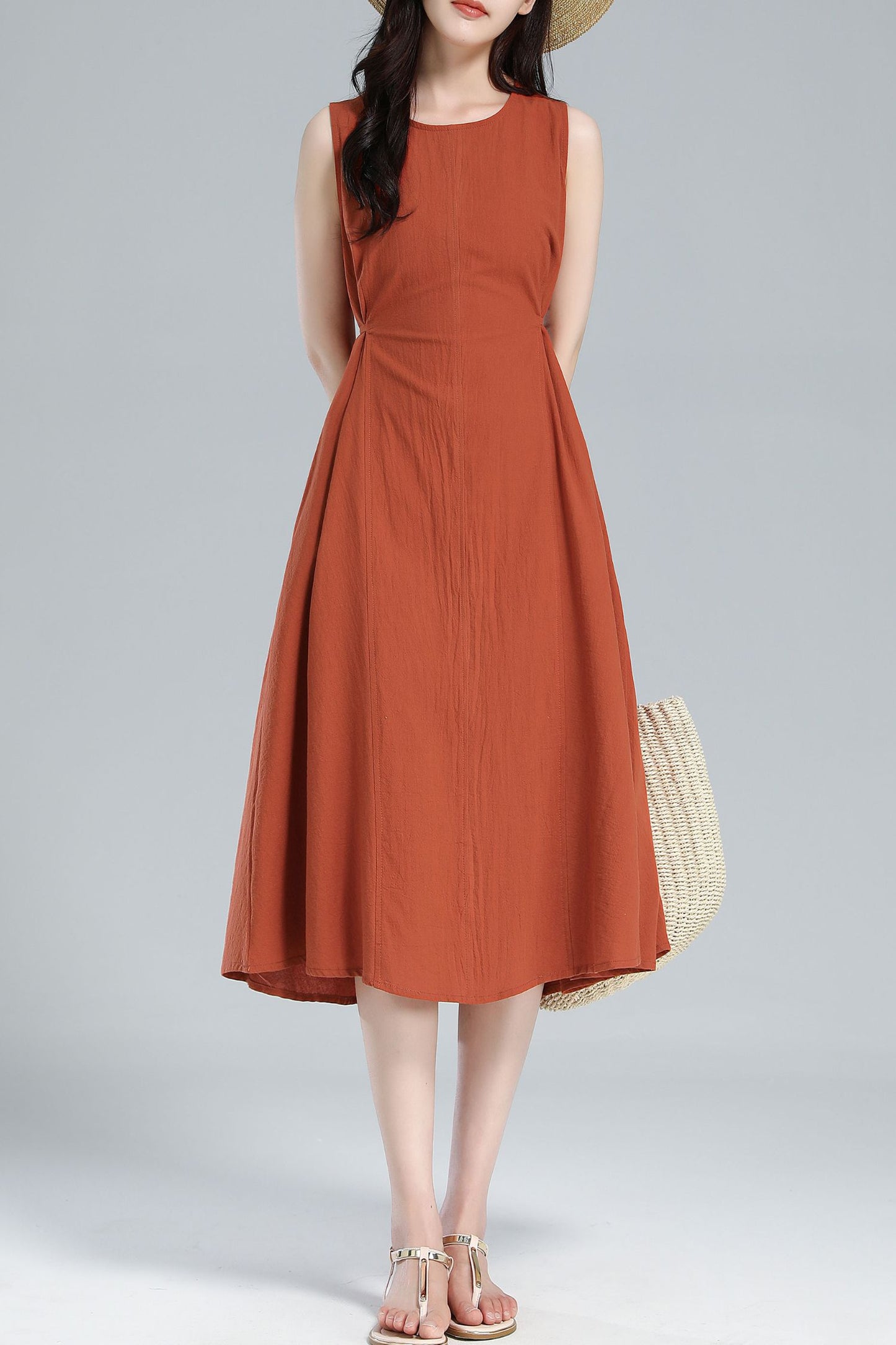 Orange Sleeveless Midi Linen Dress 3617