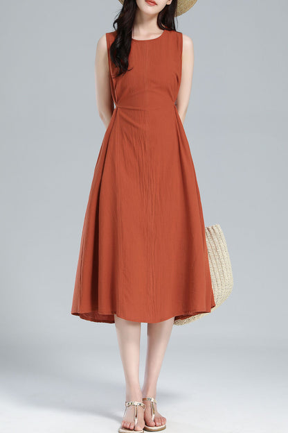 Orange Linen Blend Sleeveless Midi Dress - A-Line Silhouette with Belt 3617