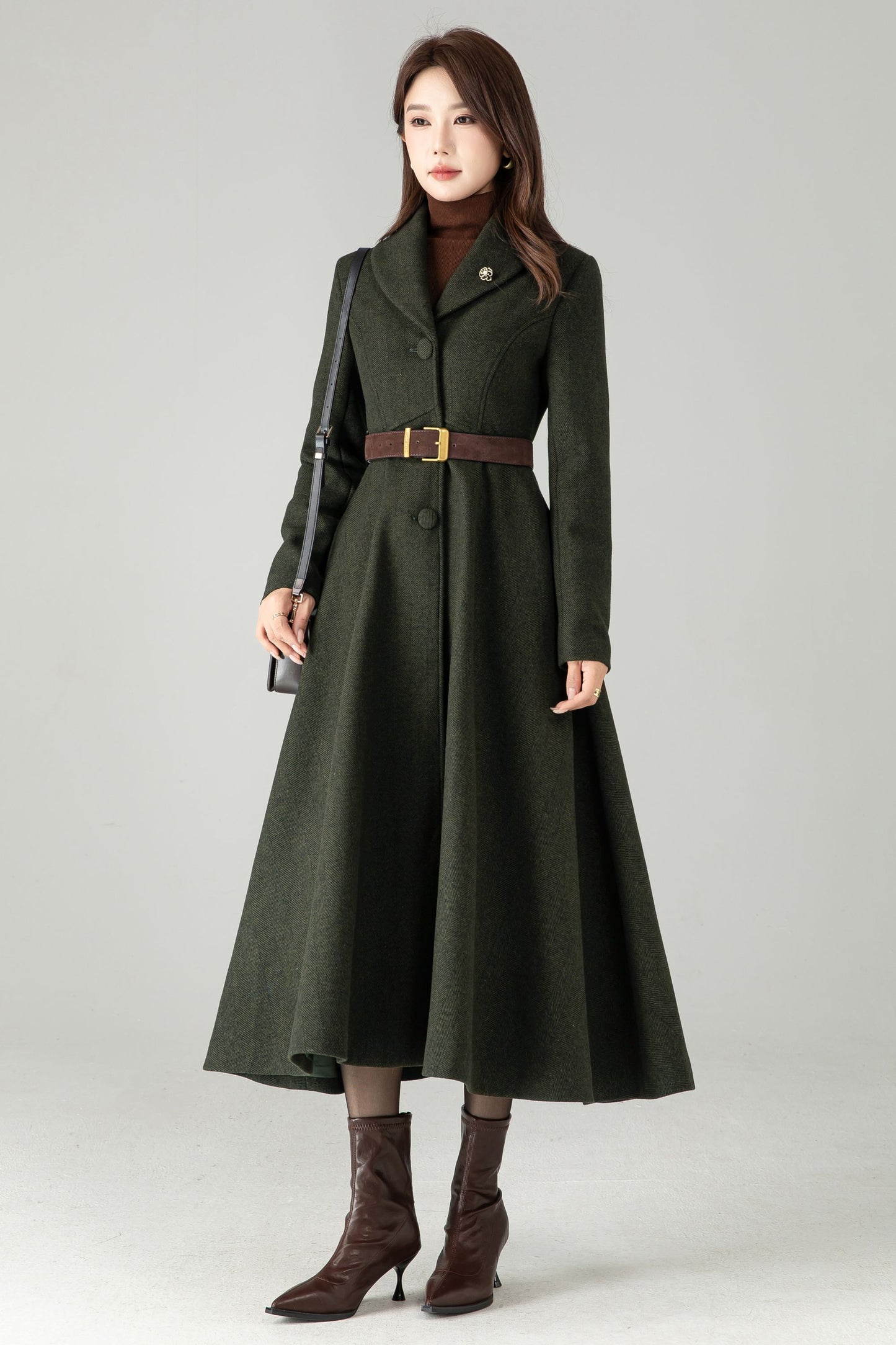 Army Green Herringbone Wool Coat – Elegant A-Line Maxi Winter Coat | Xiaolizi 6574