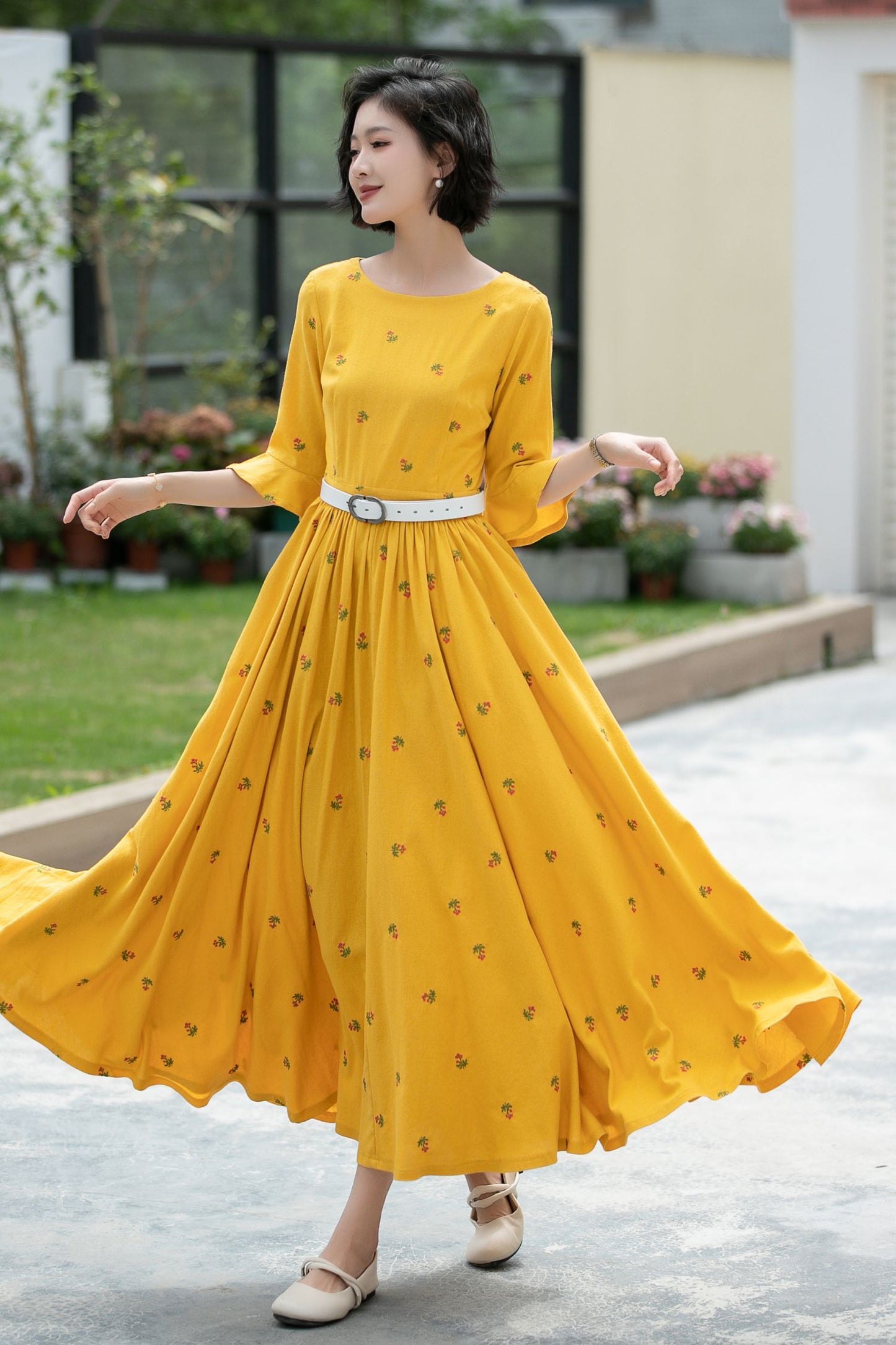 Floral Long spring Linen Dress 5985