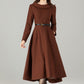 Brown Wool-Blend High‑Low Midi Dress – Wide Fold‑Over Collar & Pockets 6500