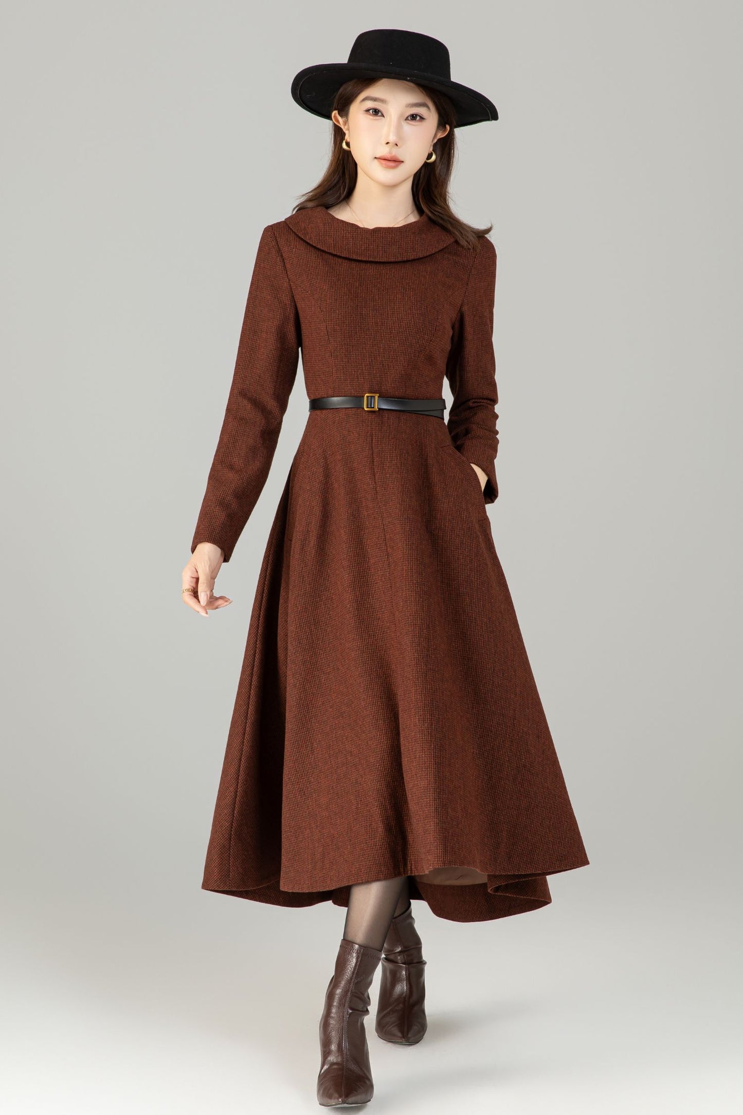 Brown Wool-Blend High‑Low Midi Dress – Wide Fold‑Over Collar & Pockets 6500
