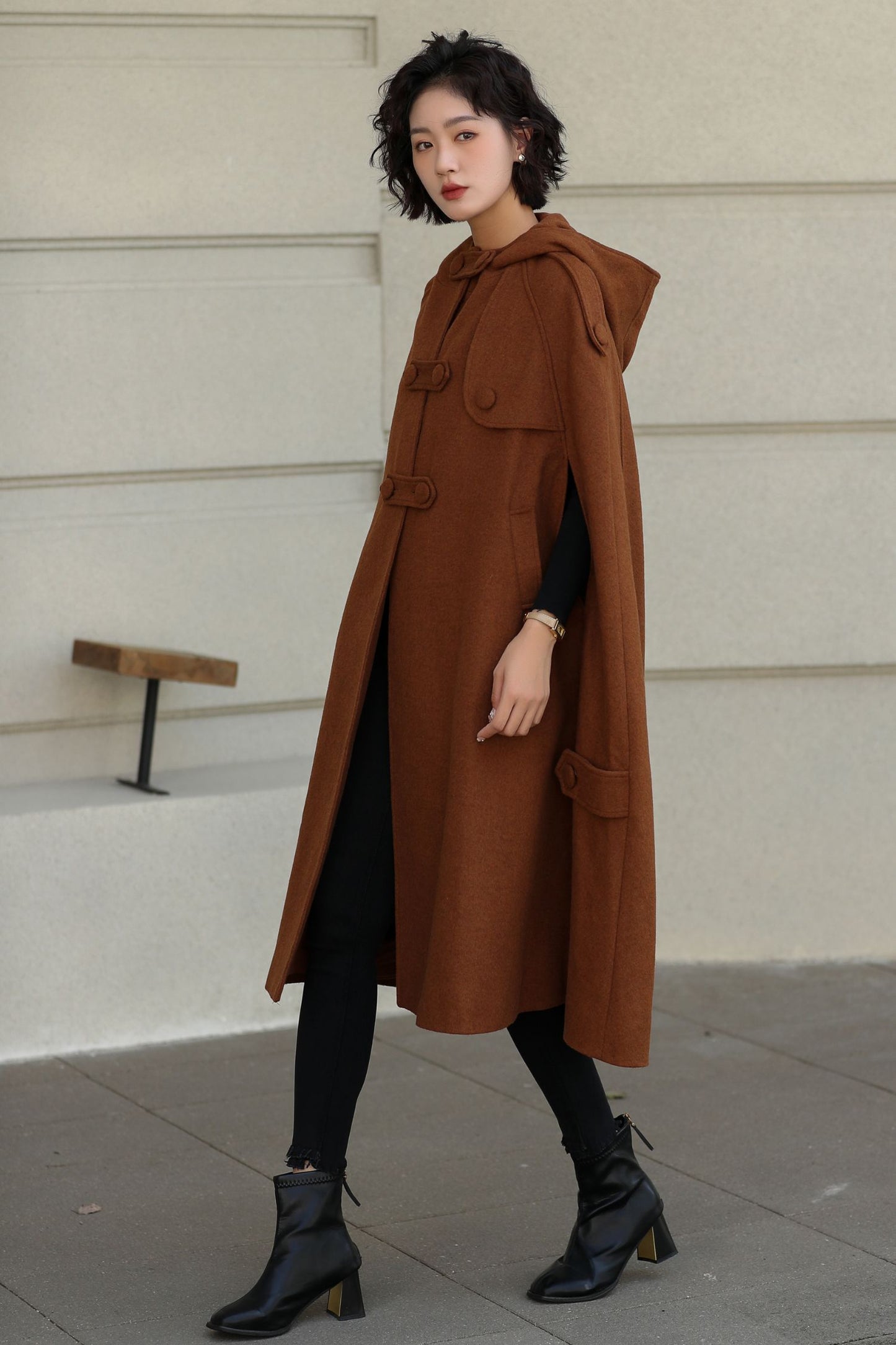 Handmade Wool Hooded Cape – Vintage Winter Cloak Coat with Pockets 6527