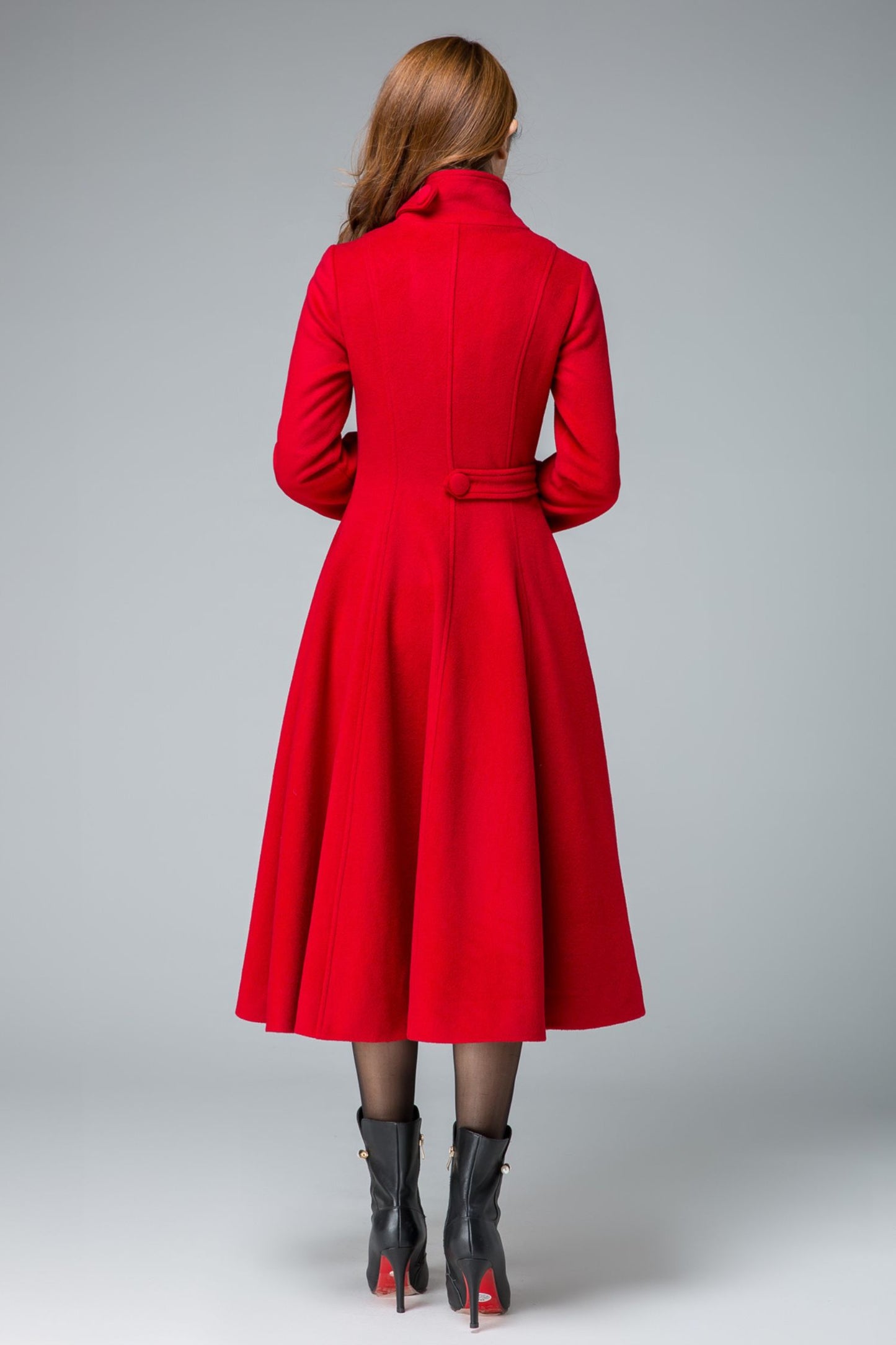 Red Fit and Flare Wool Long Winter Coat Women 1846#