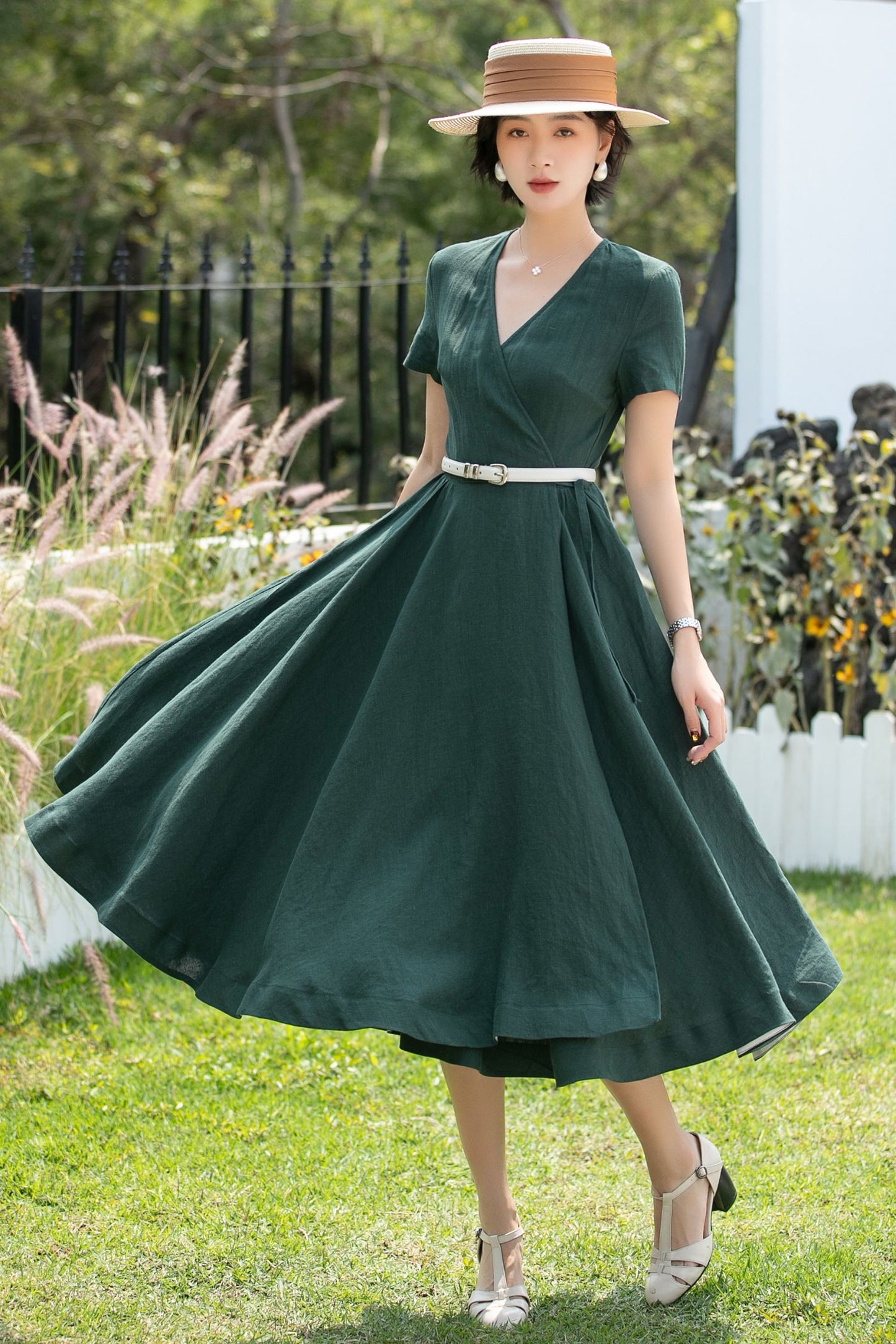V-Neck Linen Fit and Flare Midi Dress | Xiaolizi 6739 - Size XS #CK2600280