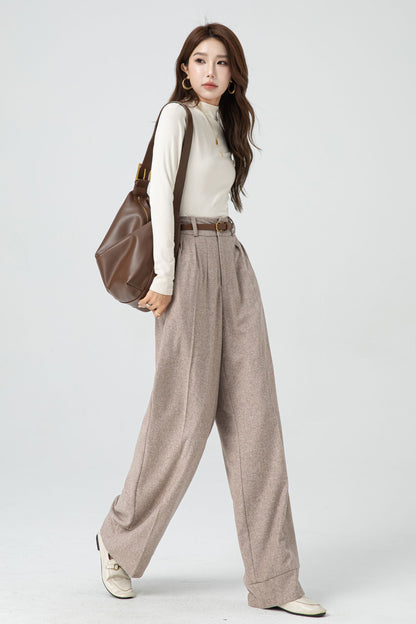 Handmade Beige Wool Wide-Leg Pants – Vintage High-Waist Winter Trousers | Xiaolizi 5324