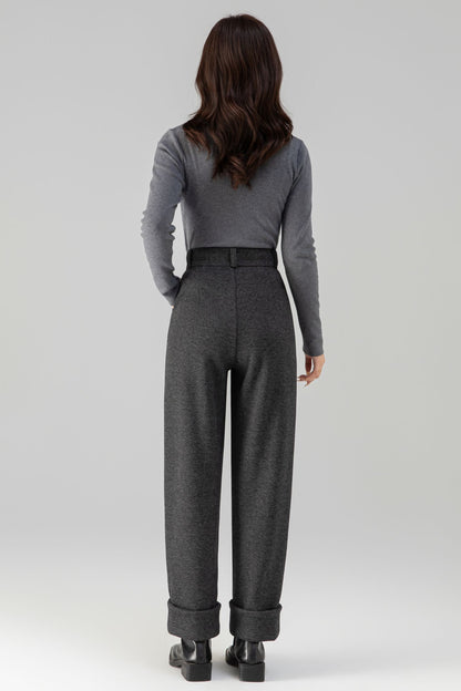 Charcoal Wool Long Pants - Warm Full-Length Tailored Fit 6461
