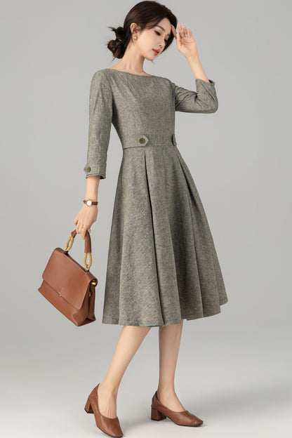 Army Green Linen Cotton Midi Dress - Vintage A-Line Silhouette 5706